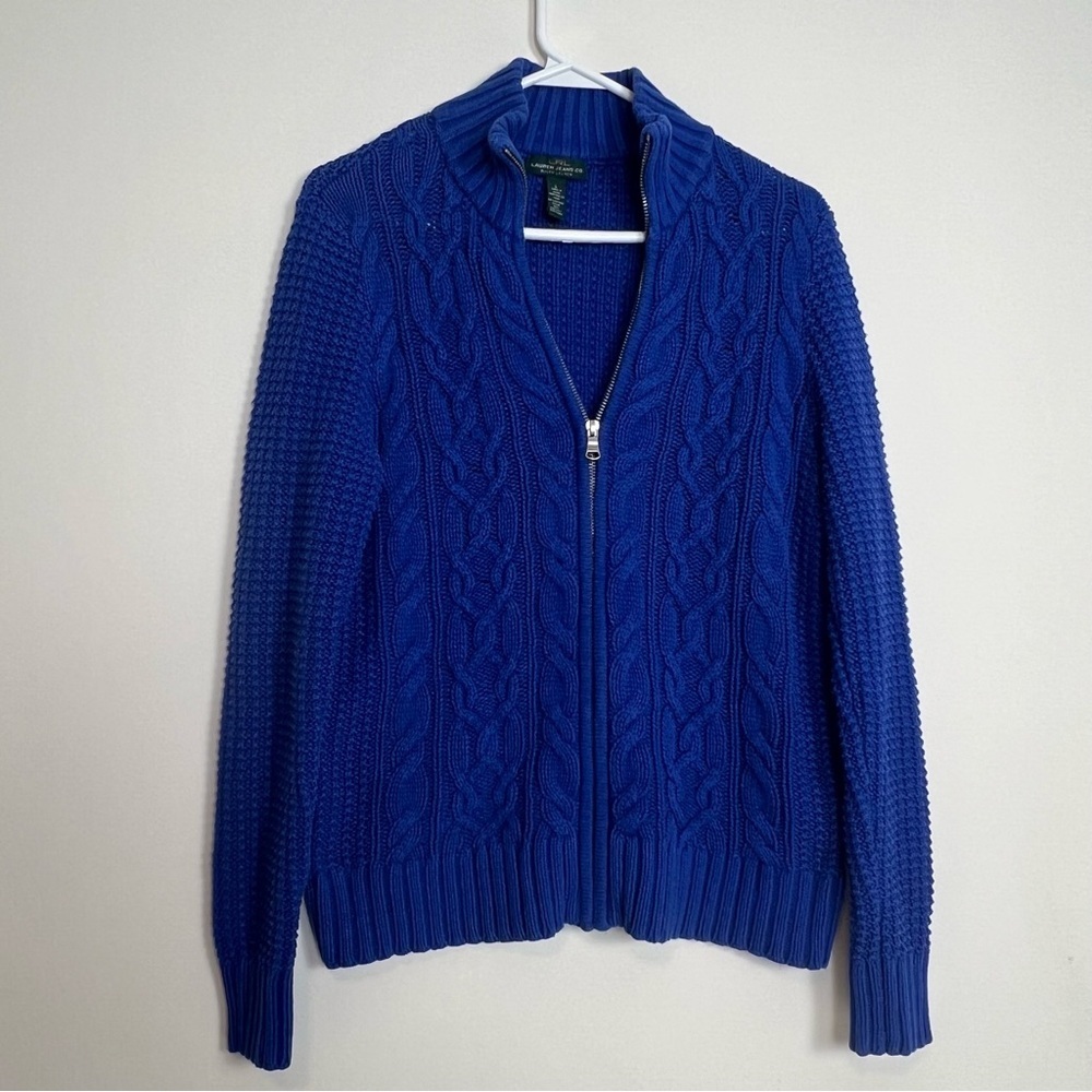 LAUREN RALPH LAUREN Blue Cable Knit Full-Zip Cotton blend Sweater SizeL